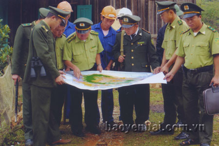 Cán bộ kiểm lâm Mù Cang Chải bàn phương án bảo vệ rừng tại xã Púng Luông.
(Ảnh: Tuấn Nghĩa)