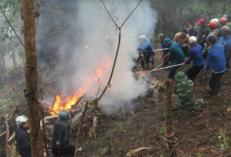 Diễn tập ứng phó phòng chống cháy rừng và tìm kiếm cứu nạn tại huyện Trạm Tấu. (Ảnh: Văn Thông)