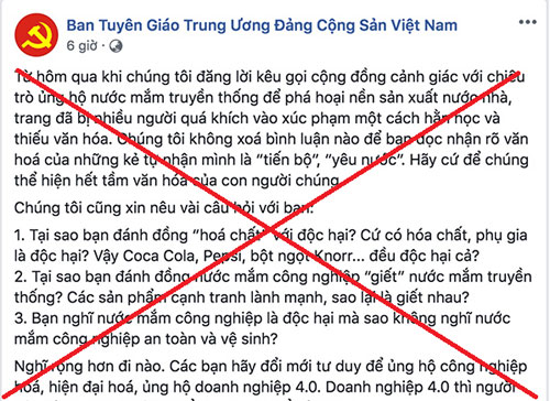 Bài viết gần đây nhất của trang Facebook mạo danh Ban Tuyên giáo Trung ương