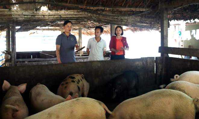 Lãnh đạo và cán bộ nông nghiệp xã An Thịnh tuyên truyền cho các hộ chăn nuôi về cách phòng chống dịch tả lợn châu Phi.