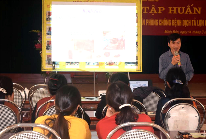 Cán bộ Trung tâm Dịch vụ hỗ trợ phát triển nông nghiệp thành phố Yên Bái tập huấn hướng dẫn cách phòng chống bệnh DTLCP cho các hộ chăn nuôi xã Minh Bảo.