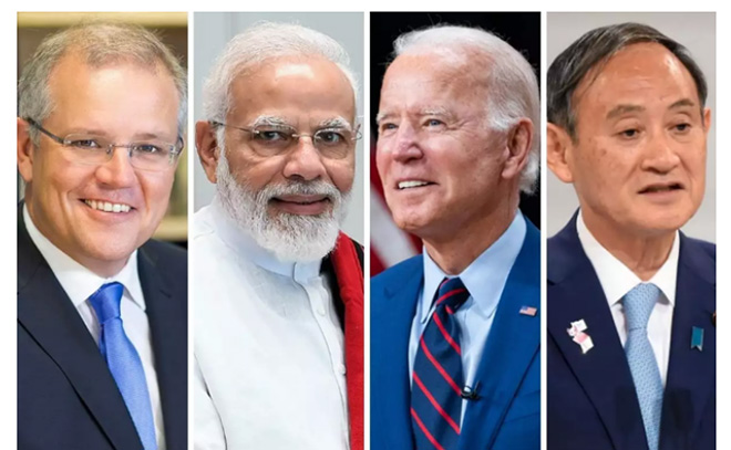 (Từ trái sang phải) Thủ tướng Australia Scott Morrison, Thủ tướng Ấn Độ Narendra Modi, Tổng thống Mỹ Joe Biden, Thủ tướng Nhật Bản Yoshihide Suga.