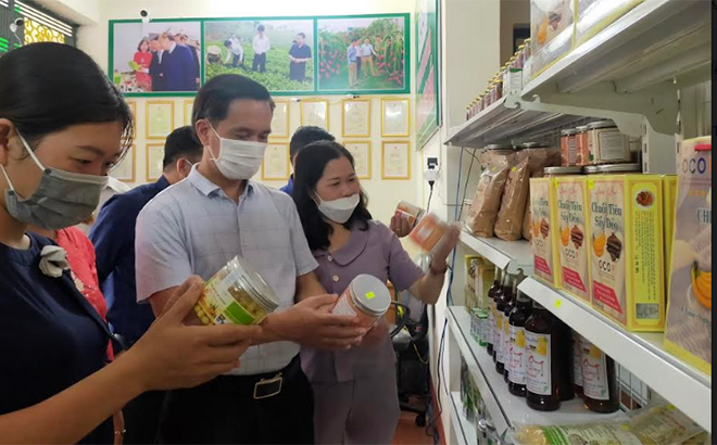 Phó Bí thư Thường trực Huyện ủy Trấn Yên Nguyễn Quốc Toản tham quan gian hàng trưng bày sản phẩm OCOP.
