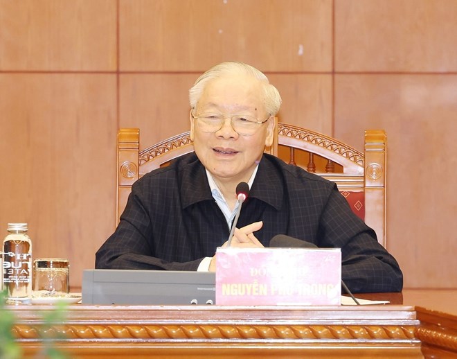 Tổng Bí thư Nguyễn Phú Trọng - Trưởng Tiểu ban Nhân sự Đại hội XIV - phát biểu kết luận tại phiên họp đầu tiên Tiểu ban Nhân sự Đại hội XIV. Ảnh:TTXVN