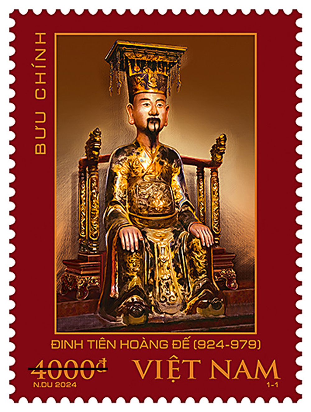 Mẫu tem kỷ niệm 1.100 năm ngày sinh vua Đinh Tiên Hoàng. Ảnh: Ban Tem bưu chính.