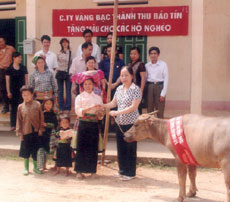 Gia đình chị Phàng Thị Pàng, thôn Tà Sùa, xã Bản Công (huyện Trạm Tấu) nhận con trâu nái do Công ty Vàng bạc Thành Thu Bảo Tín tặng.