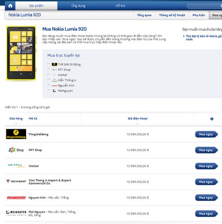 Mức giá niêm yết mới của Lumia 920 được cập nhật trên trang chủ Nokia Việt Nam.