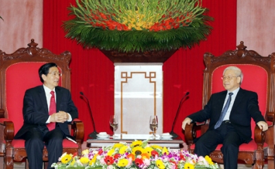 Tổng Bí thư Nguyễn Phú Trọng tiếp Bộ trưởng Công an Trung Quốc Quách Thanh Côn. Ảnh: TRÍ DŨNG (TTXVN)