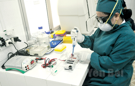 Kỹ thuật viên Trung tâm Phòng chống bệnh tật tỉnh Yên Bái thực hiện xét nghiệm phân tử sinh học phục vụ phòng chống dịch bệnh.