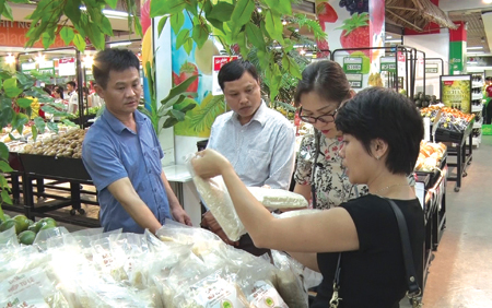 Lãnh đạo huyện Văn Chấn kiểm tra gian hàng nông sản thế mạnh của địa phương tại Siêu thị VinMart.