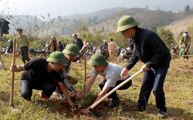 Lãnh đạo huyện Trạm Tấu trồng cây tại lễ ra quân Tết trồng cây xuân Kỷ Hợi 2019 ở xã Bản Công.