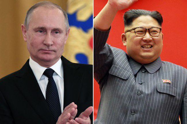 Tổng thống Nga Putin (trái) và lãnh đạo Triều Tiên Kim Jong-un.