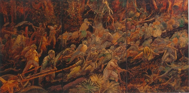 Các chiến sĩ kéo pháo vượt đèo trong tác phẩm hội họa trưng bày tại triển lãm “Điện Biên năm ấy”.