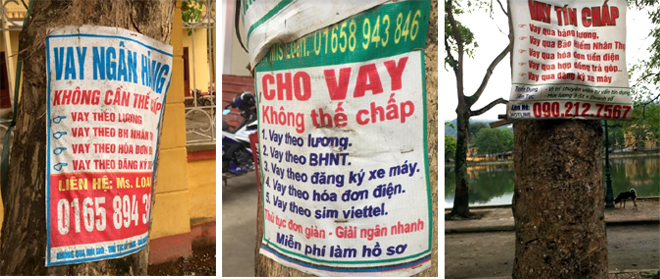 Các quảng cáo cho vay không thế chấp được dán ở nhiều nơi trên địa bàn thị trấn Yên Thế.
