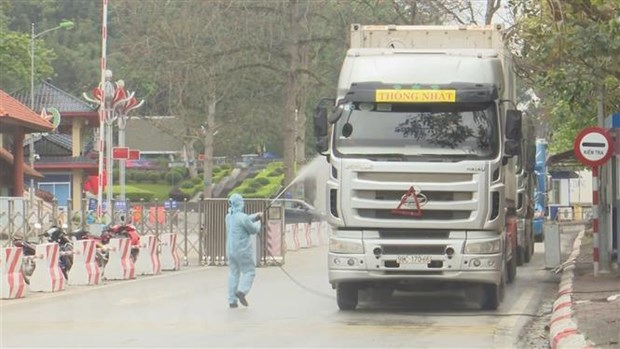 Phun khử khuẩn phương tiện tại cửa khẩu quốc tế Hữu Nghị, Lạng Sơn.