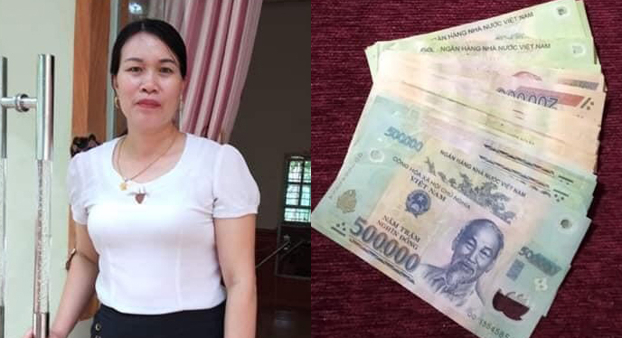 Chị Lê Kim Anh, thôn Tiền Phong, xã Minh Quân, huyện Trấn Yên cùng số tiền 7 triệu đồng nhặt được đã trả lại cho người đánh mất.