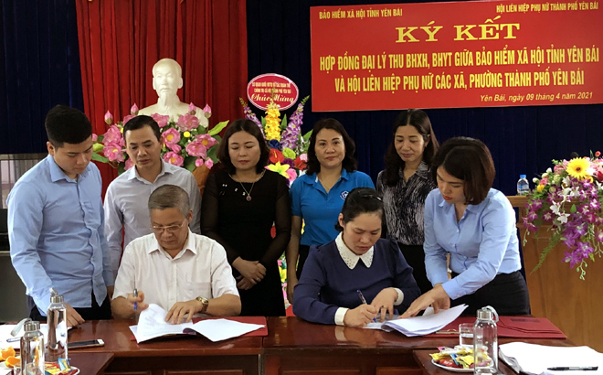 Lãnh đạo BHXH tỉnh ký hợp đồng đại lý thu BHXH, BHYT với Chủ tịch Hội Liên hiệp phụ nữ các xã, phường của thành phố Yên Bái.