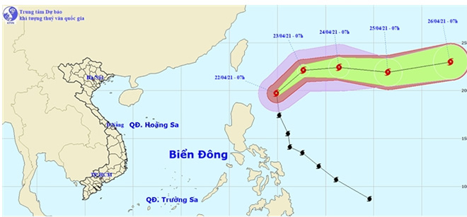 Vị trí và hướng di chuyển của bão Surigae.