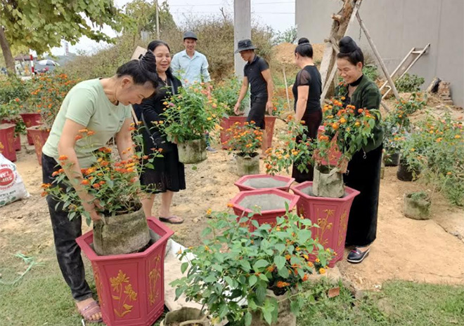 Hội viên phụ nữ ở cơ sở tích cực làm các tuyến đường hoa chào mừng đại hội đại biểu phụ nữ các cấp.