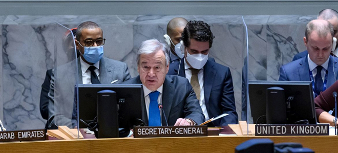 Tổng thư ký Liên hợp quốc António Guterres phát biểu tại cuộc họp của Hội đồng Bảo an về tình hình Ukraine (Ảnh: UN)