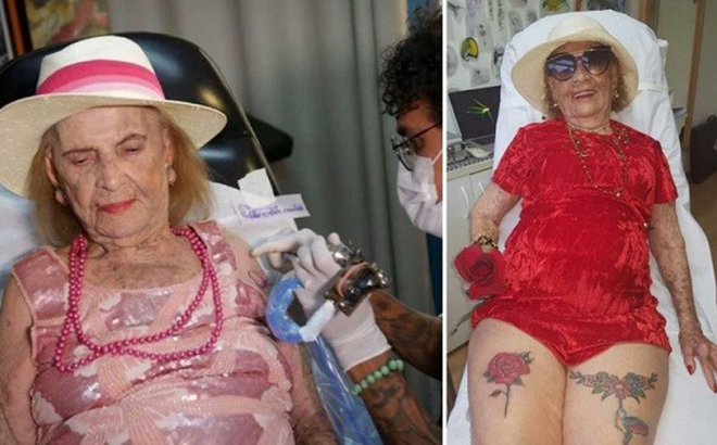 Cụ Epifania Maria de Jesus Mendes xăm hình ở tuổi 105.