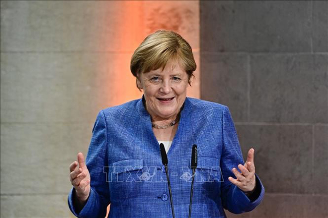 Thủ tướng Đức Angela Merkel phát biểu sau khi được trao tặng Huy chương khoa học Harnack tại buổi lễ ở thủ đô Berlin ngày 29/6/2021. Ảnh tư liệu.