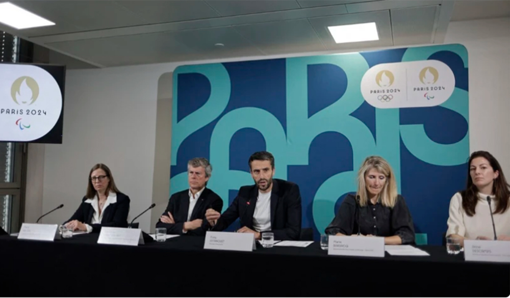 Ban Tổ chức Olympic Paris 2024 trong cuộc họp báo công bố thời điểm tổ chức Thế vận hội tại Saint-Denis, ngày 8/3/2024.