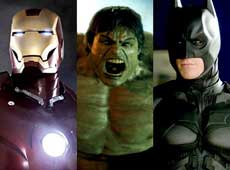 Các siêu anh hùng từ trái sang: người sắt (Iron Man), người khổng lồ (The Incredible Hulk) và người dơi (Hiệp sĩ bóng đêm)