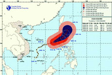 Bản đồ dự báo hướng đi bão số 1 - Ảnh: TT Dự báo khí tượng thủy văn T.Ư, phát lúc 11g30 ngày 7-5-2009