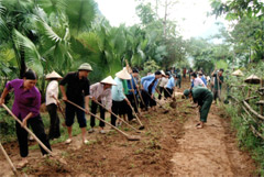 Người dân thôn Bó Mạ và Loong Xe đang cùng với lực lượng dân quân nâng cấp, mở rộng tuyến đường liên thôn Bó Mạ - Loong Xe.
