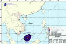 Vị trí và đường đi của áp thấp nhiệt đới - Ảnh: Trung tâm dự báo khí tượng thủy văn Trung Ương 
