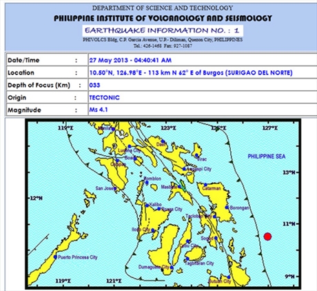 Các thông số về trận động đất xảy ra sáng nay ở Philippines.