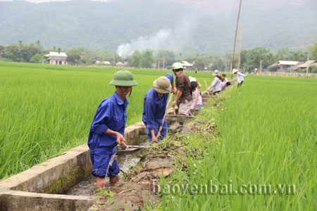 Công nhân Công ty TNHH Nghĩa Văn khơi thông dòng chảy, đảm bảo nước tưới tiêu cho sản xuất nông nghiệp.
(Ảnh: Đoàn Hà)