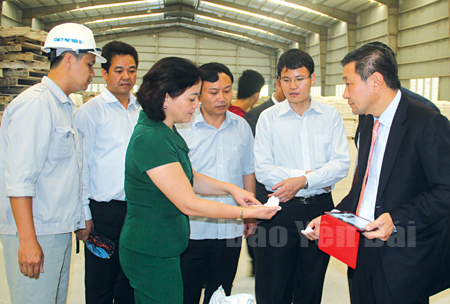 Chủ tịch UBND tỉnh Phạm Thị Thanh Trà cùng lãnh đạo Sở Công thương Yên Bái trao đổi với các doanh nghiệp về sản phẩm công nghiệp chế biến của tỉnh.