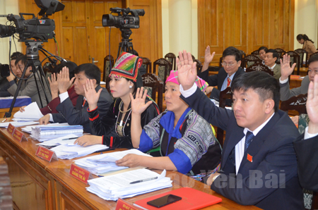 Đại biểu HĐND tỉnh Yên Bái khóa XVII biểu quyết thông qua các nghị quyết.
