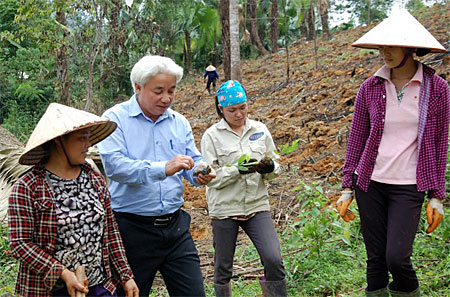Lãnh đạo xã Việt Hồng trao đổi với nông dân làng Dọc về chuyển đổi cơ cấu cây trồng trên đất đồi.
