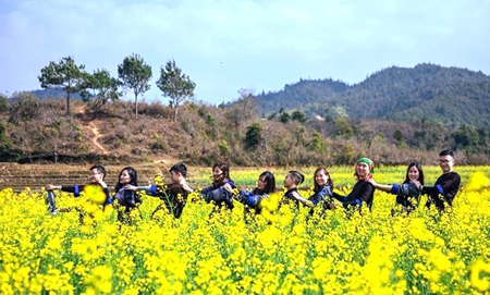 Du khách thuê trang phục đồng bào Mông để chụp ảnh bên cánh đồng hoa cải dầu.