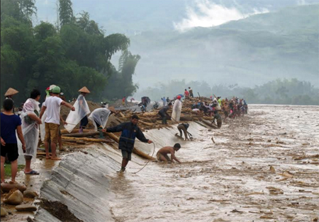 Nhiều người dân trên địa bàn thị xã Nghĩa Lộ tìm cách vớt củi, gỗ trên suối khi đang có mưa lũ bất chấp nguy hiểm.