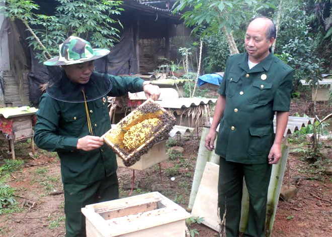 Lãnh đạo Hội CCB xã Hán Đà thăm mô hình nuôi ong của hội viên Đào Tuấn Anh, thôn Tân Lập 7 cho thu nhập trên 100 triệu đồng/năm.