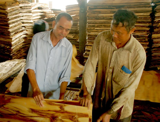 Ông Phạm Minh Hoạt (trái) ở thôn Trung Tâm, xã Mông Sơn đầu tư xưởng bóc gỗ, tạo việc làm và thu nhập cho lao động địa phương, là điển hình tiên tiến học tập và làm theo tư tưởng, đạo đức, phong cách Hồ Chí Minh.