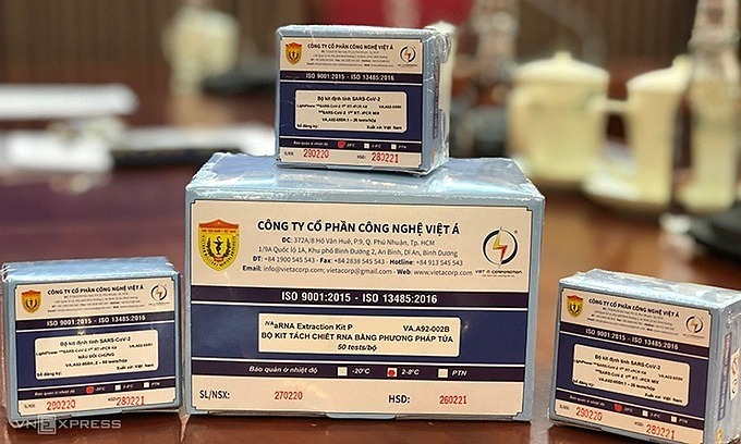 Boxes of Vietnam's Covid-19 test kits, developed by the Vietnam Military Medical University and the Viet A Technologies joint Stock Company.