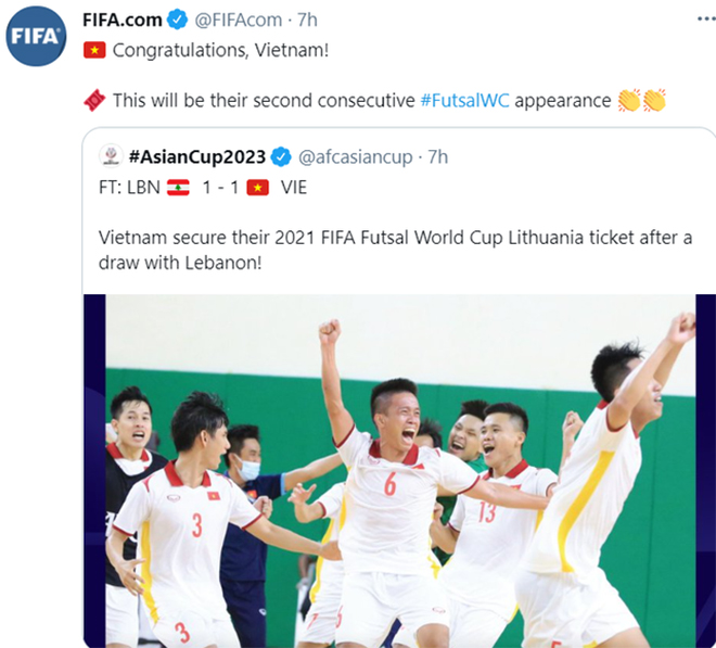 FIFA chúc mừng tuyển futsal Việt Nam giành vé tham dự vòng chung kết World Cup 2021.