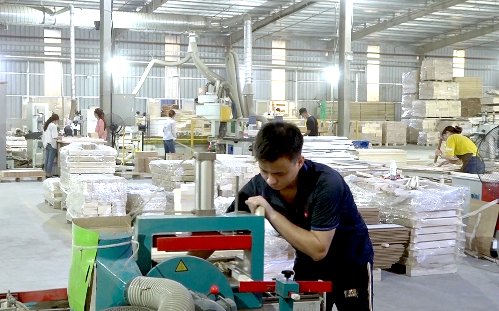 Hoạt động sản xuất của các doanh nghiệp góp phần thu ngân sách của địa phương (Ảnh: Sản xuất, chế biến gỗ xuất khẩu của Công ty TNHH Thiên An, Khu công nghiệp phía Nam tỉnh).
