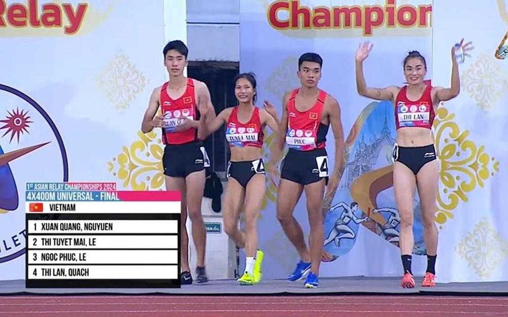 Tổ tiếp sức hỗn hợp nam nữ 4x400m Việt Nam giành Huy chương Đồng châu Á. Ảnh Thể thao Việt Nam