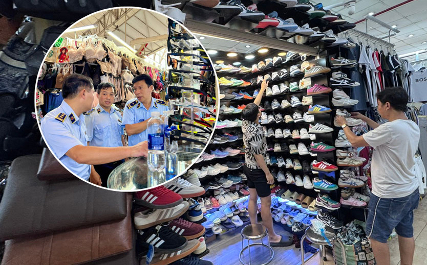 Các quầy hàng ở Saigon Square mở cửa bán hàng bình thường vào ngày 30-5, sau đợt kiểm tra vào chiều hôm trước. Ảnh nhỏ: Lực lượng quản lý thị trường kiểm tra quầy hàng tại Saigon Square vào chiều 29-5.