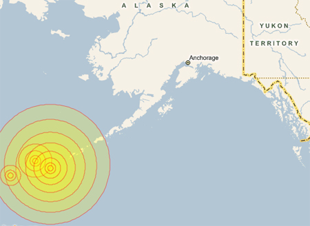 Vòng tròn lớn nhất trên hình mô tả trận động đất cường độ 7,4 độ Richter tại Alaska.