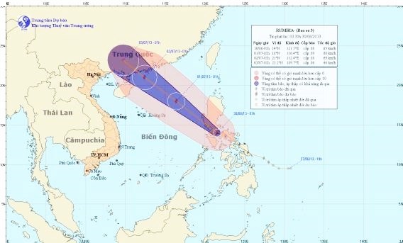 Đường đi và vị trí cơn bão Rumbia. (Ảnh: Trung tâm khí tượng thủy văn quốc gia)

