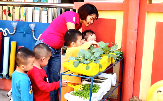 Giáo viên Trường Mầm non Bông Sen hướng dẫn trẻ trồng rau xanh.