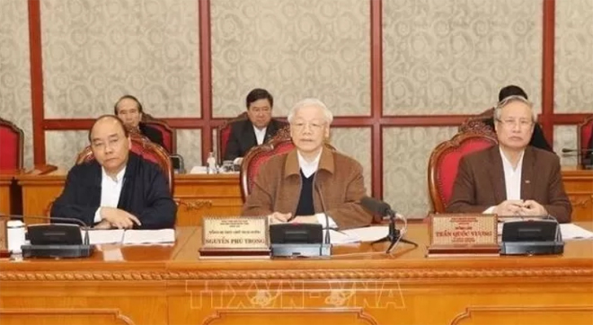A meeting of the Politburo on COVID-19 prevention in March.