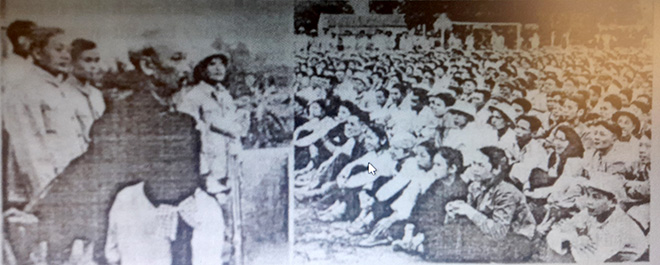 Bác Hồ nói chuyện với nhân dân các dân tộc Yên Bái tại sân vận động thị xã năm 1958.